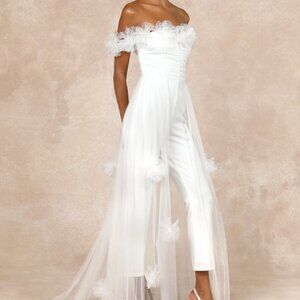 Lulus Modern Devotion White 3d Flower Tulle Overlay Jumpsuit - Size M